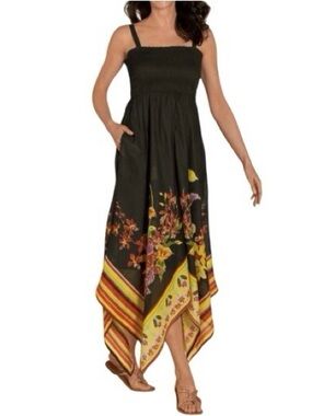 Soft Surroundings Maya Rivera Smocked Maxi Handkerchief Black Dress Beach Tropic